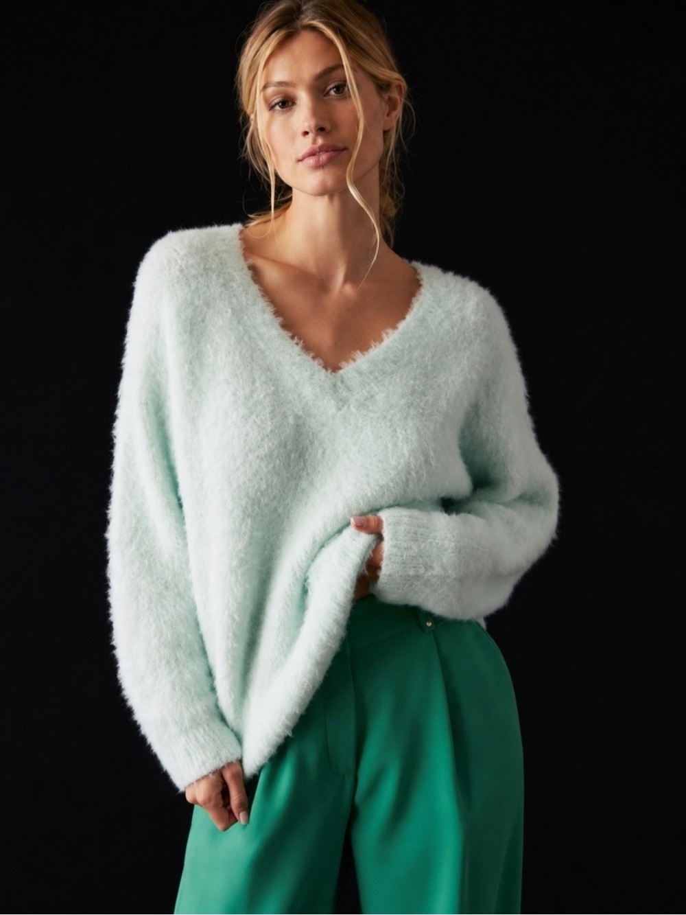 Maeve By Anthropologie plush Sweater Mint Fuzzy Oversized Pullover Womens S